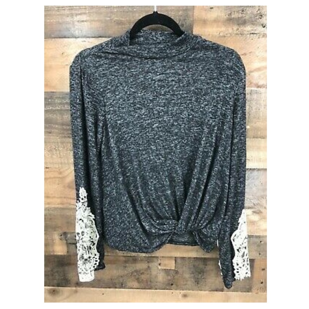 ALTAR’D STATE Heathered Lace Sleeve Mock Neck Twist Blouse